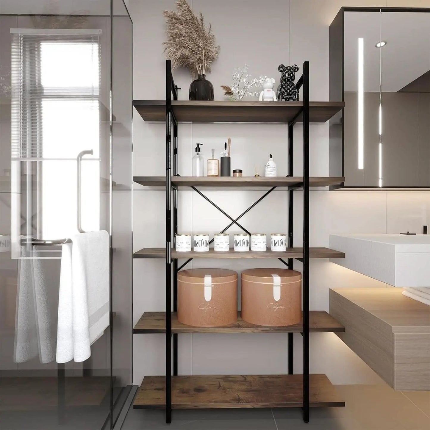 Five Tier Bookshelf Organizer Rustic Brown Metal Shelving from PriceLows™