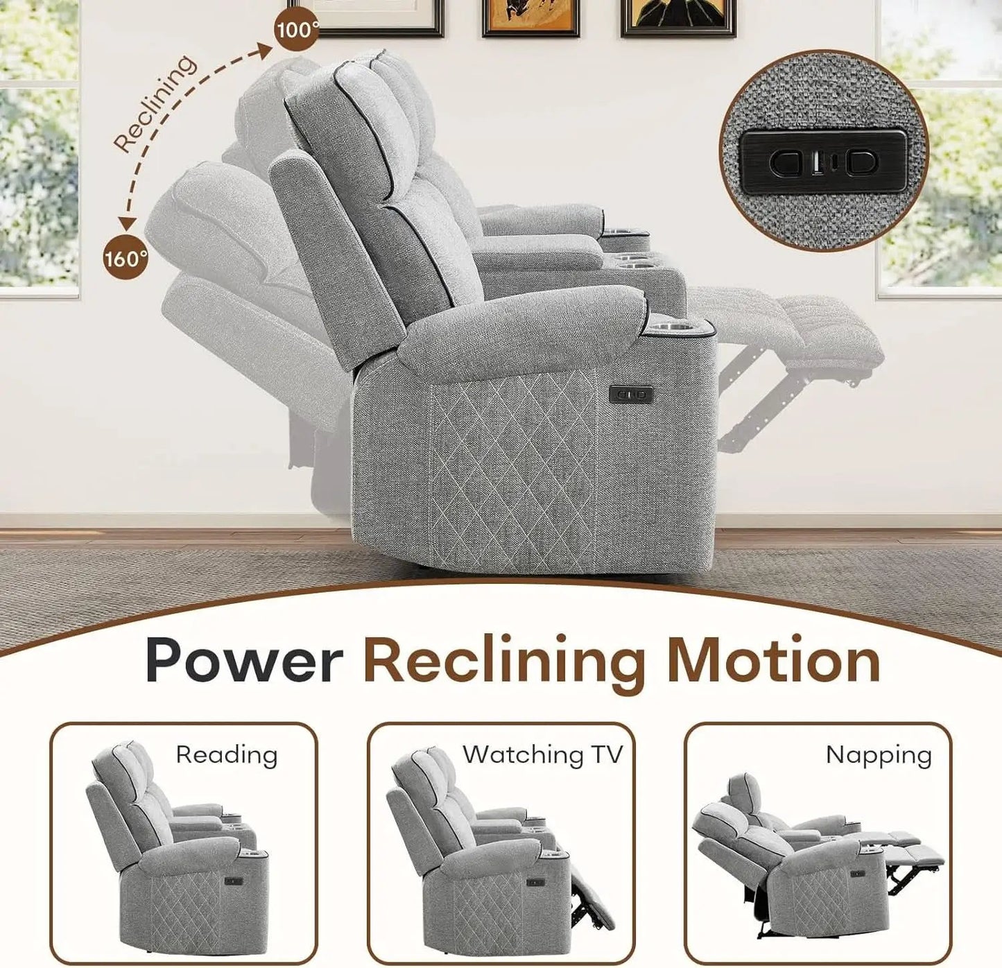 Electric Recliner Sofa USB Type C Ports Light Grey from PriceLows™