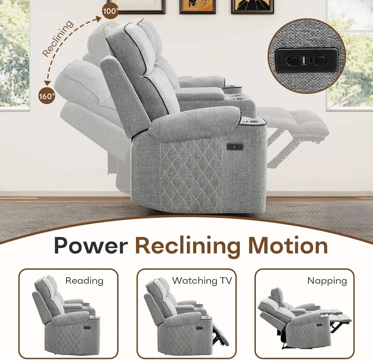 Electric Recliner Sofa USB Type C Ports Light Grey from PriceLows™