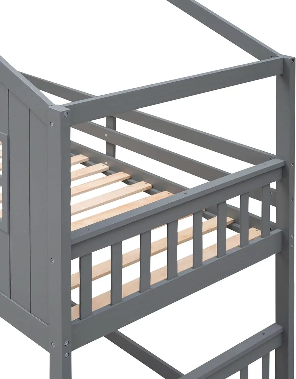 Gray Twin Over Twin House Bunk Bed With Roof For Kids from PriceLows™
