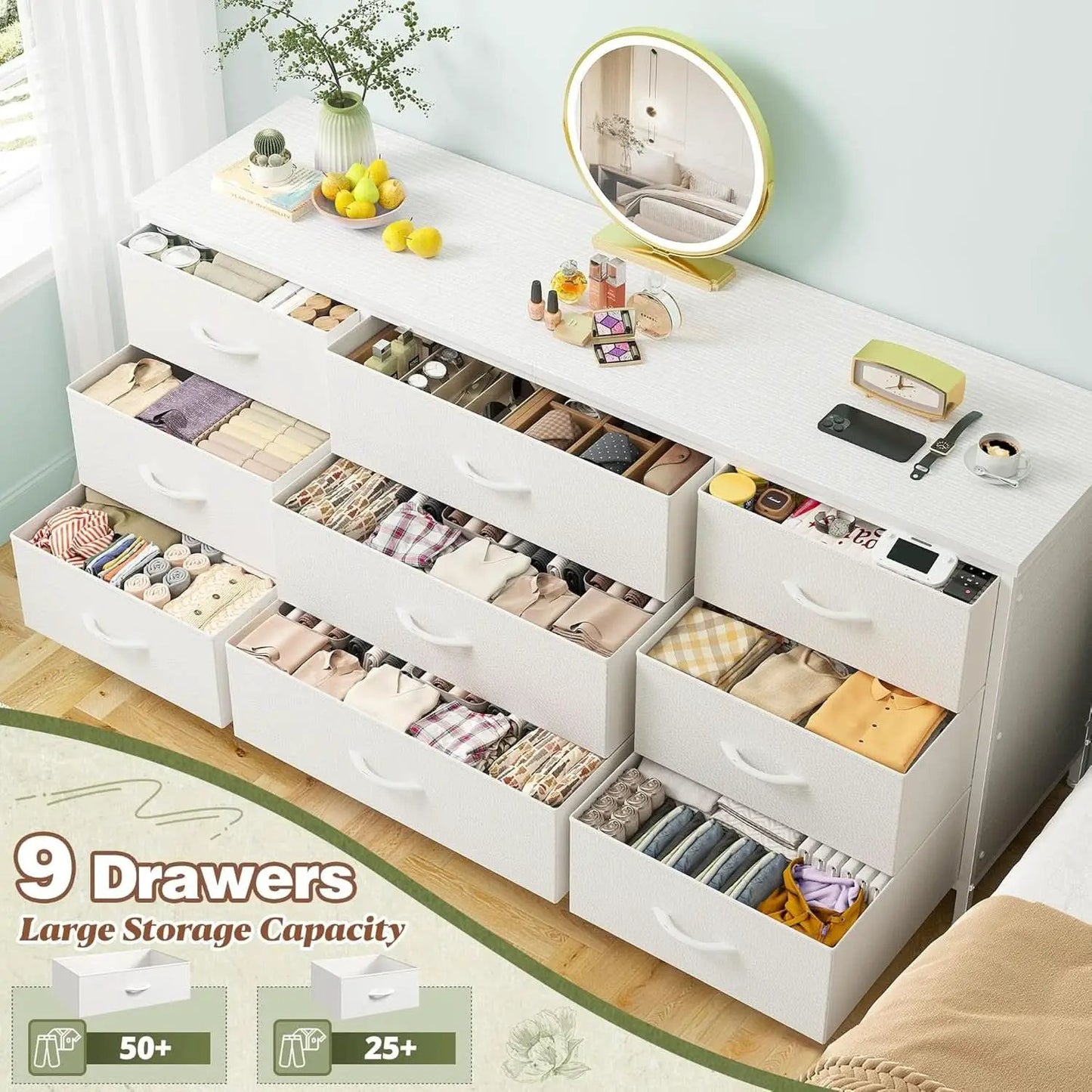 White Dresser TV Stand With 9 Drawers For Bedroom Storage from PriceLows™