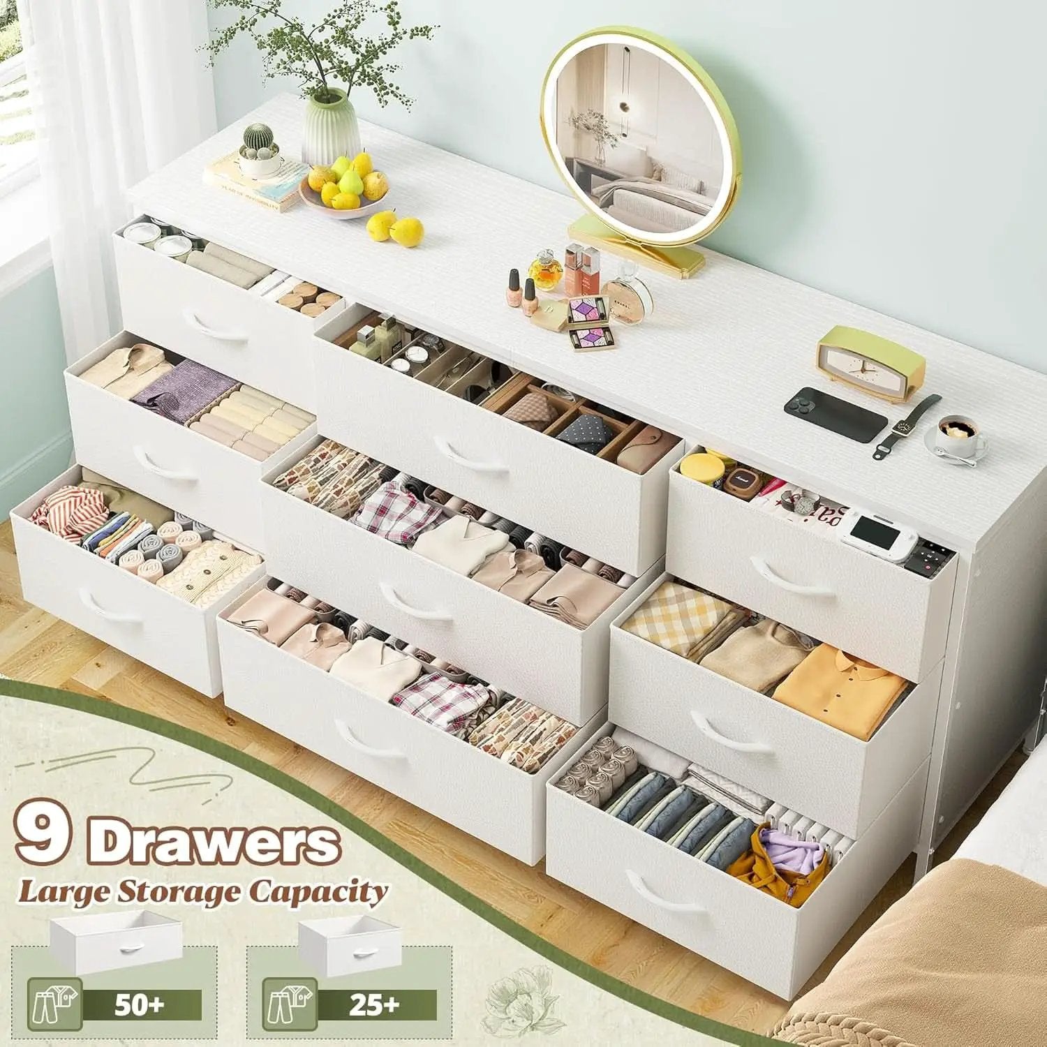 White Dresser TV Stand With 9 Drawers For Bedroom Storage from PriceLows™