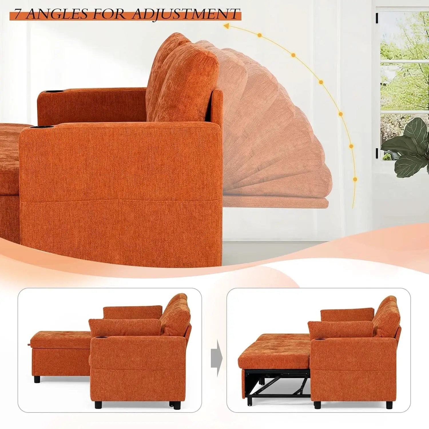 84Inches BrightOrange Chenille Pullout Sofa Bed USBPort from PriceLows™