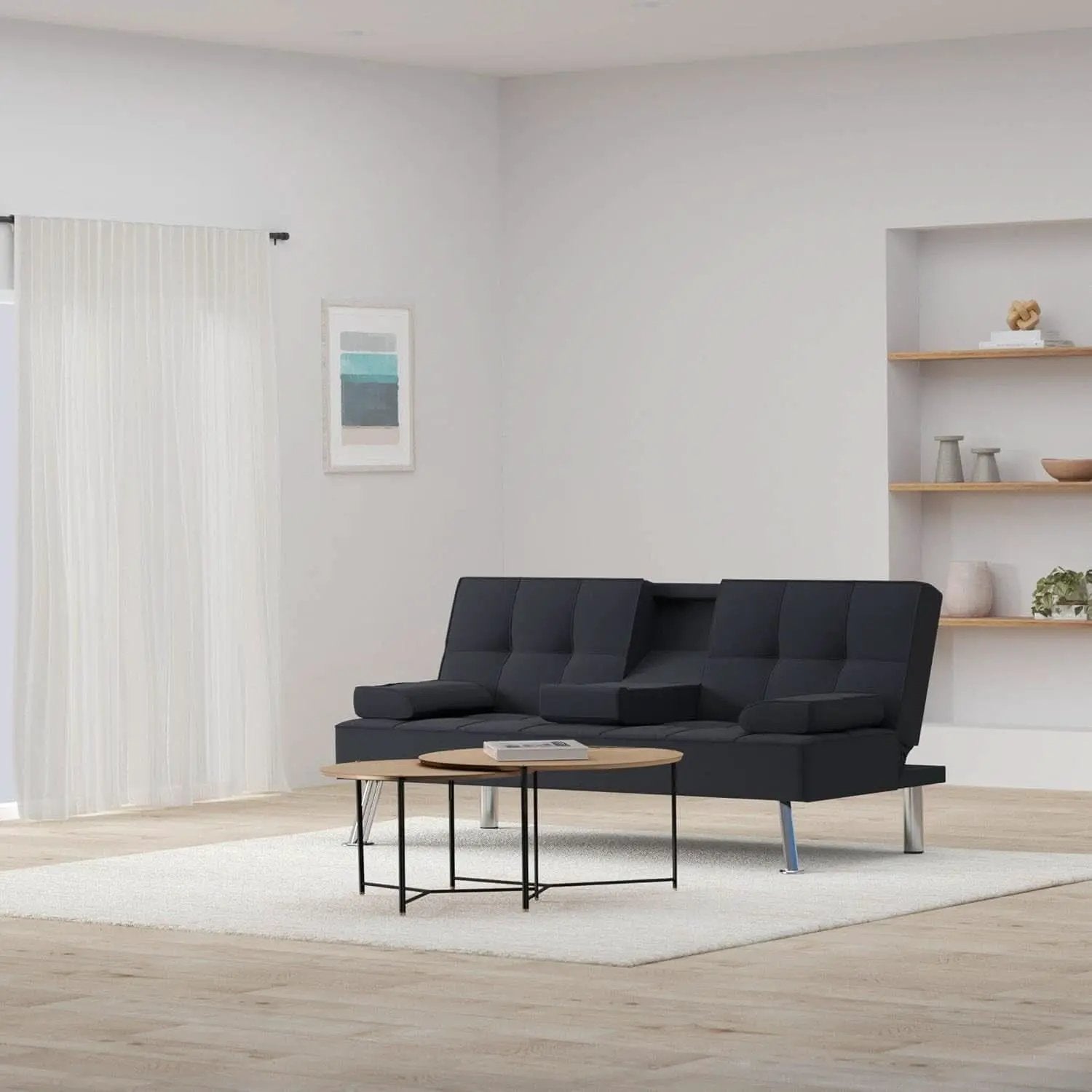 Black Linen Folding Futon Recliner With Cupholders from PriceLows™