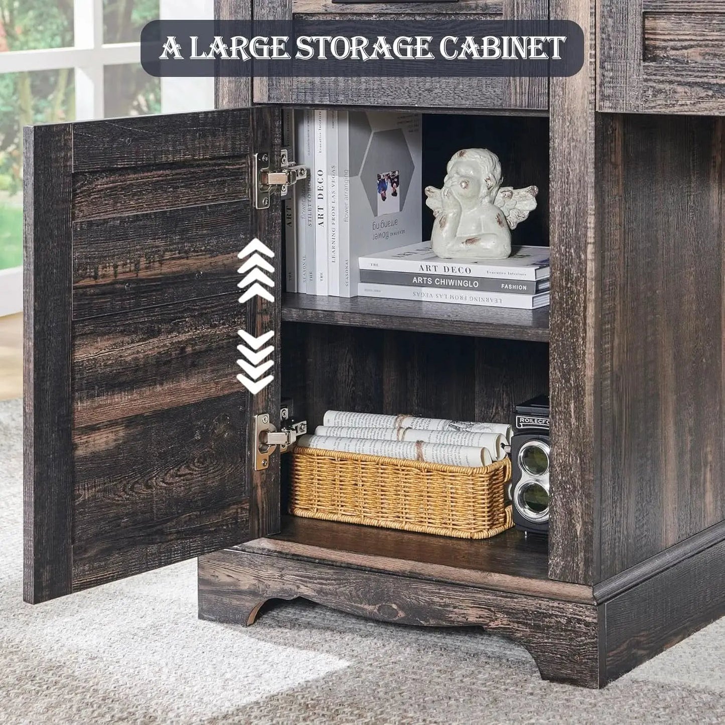 60In Farmhouse L Shaped Desk With Drawers Charging Oak from PriceLows™