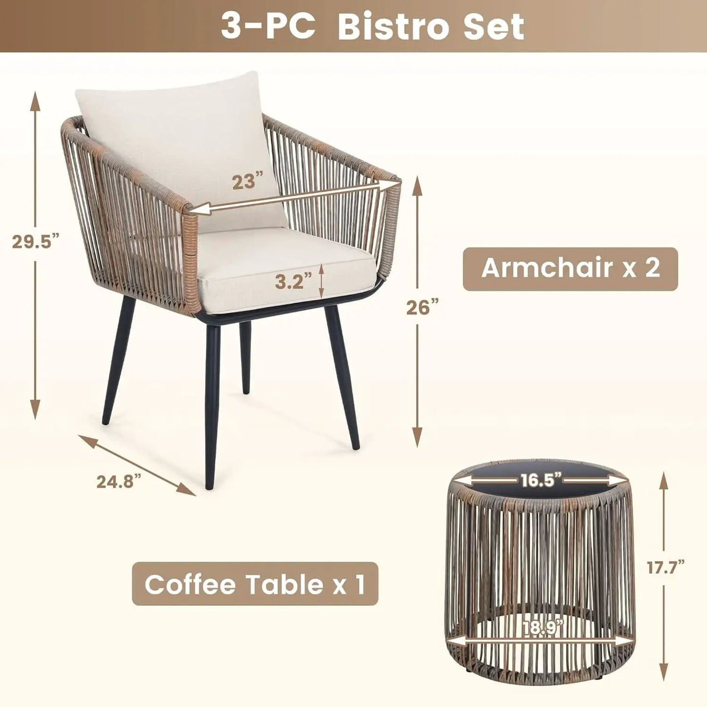 Beige 3 Piece Patio Rattan Bistro Conversation Set Outdoor Wicker Chairs And Side Table from PriceLows™