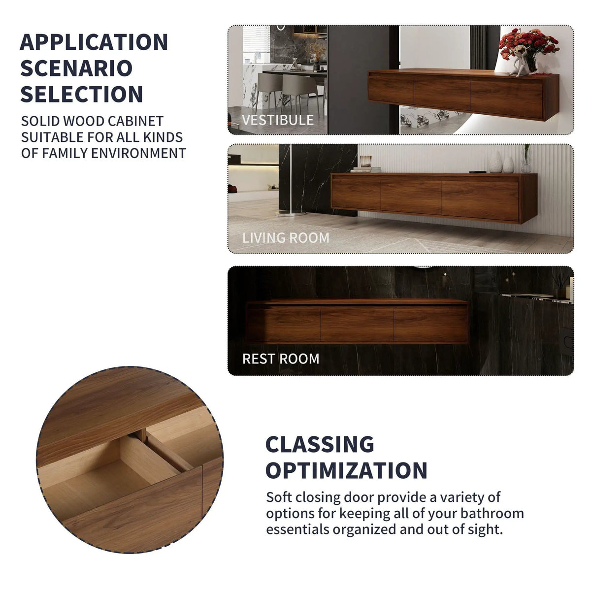 Wall Mounted Bathroom Vanity With Resin Sink And 2 Side Cabinet, 3 Soft Close Drawer | 58.7 x 18.1 x 15.8 in | Plywood & Resin | Bathroom