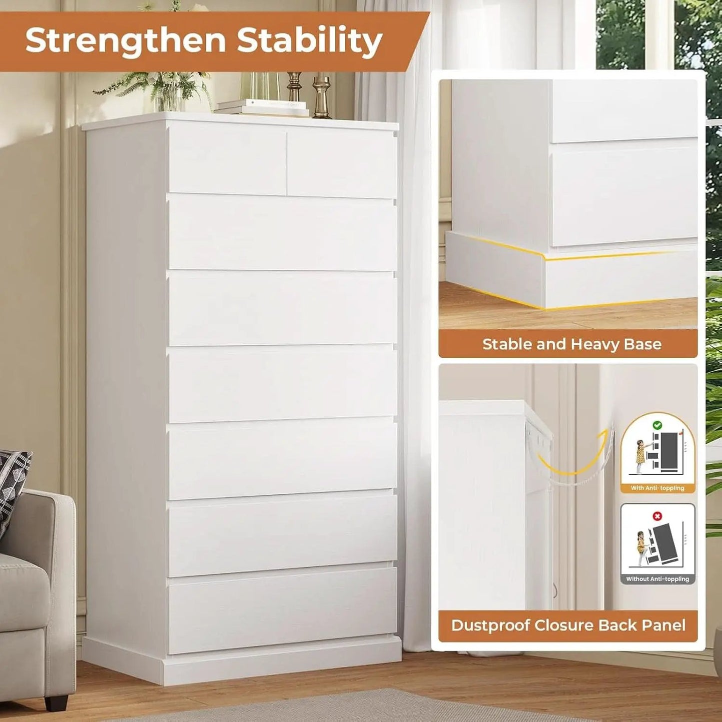 White Tall Dresser With 8 Drawers 59.7 Inch Vertical Bedroom Storage from PriceLows™