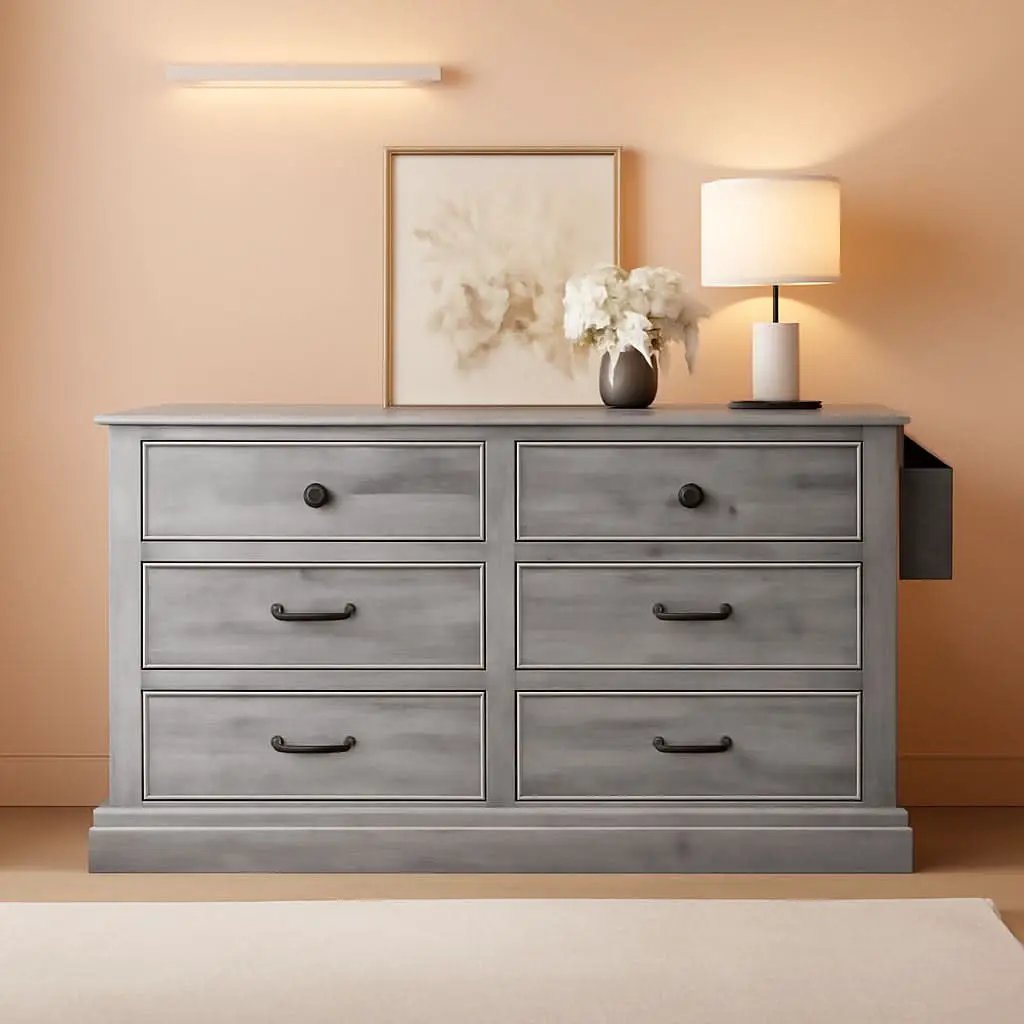 Grey Farmhouse 6 Drawer Dresser 59 Inch Wide With Air Purifier from PriceLows™