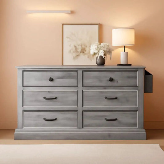 Grey Farmhouse 6 Drawer Dresser 59 Inch Wide With Air Purifier from PriceLows™