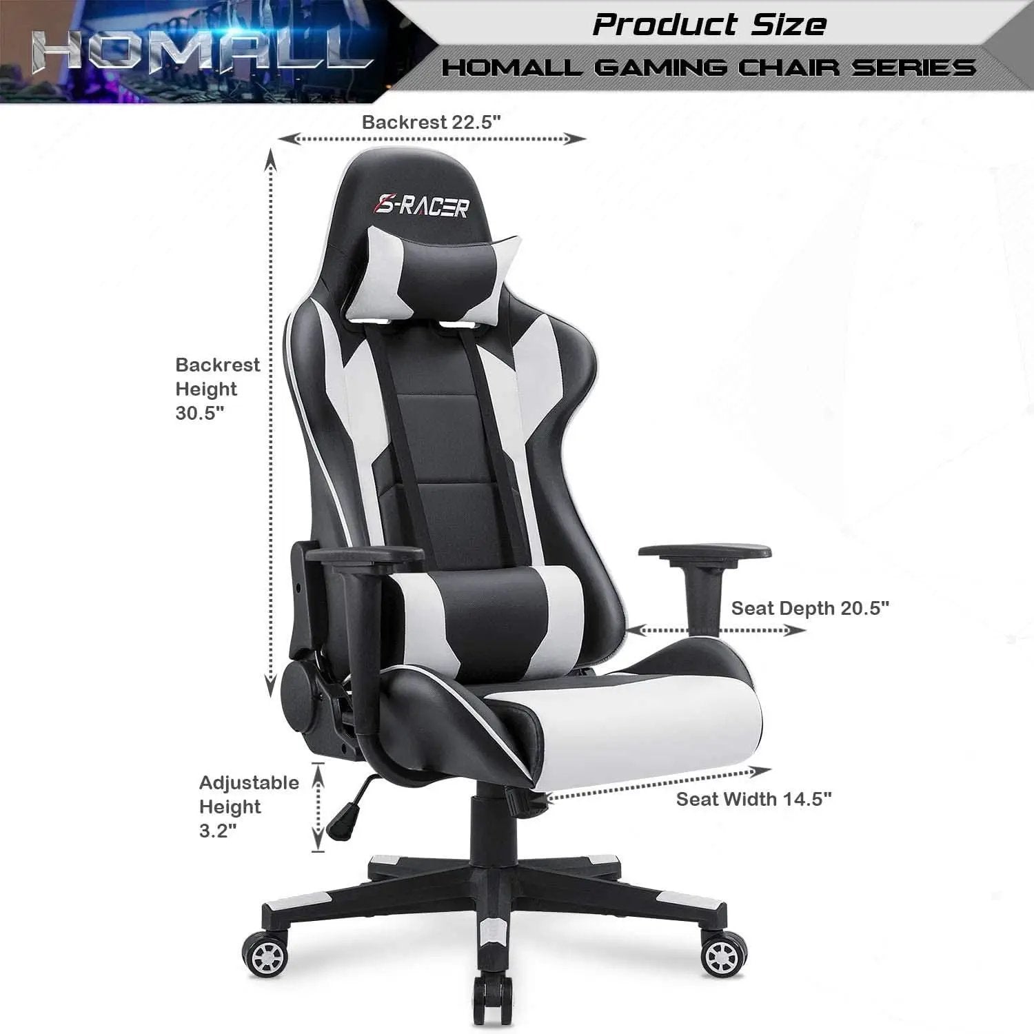 White Leather Ergonomic Gaming Chair With Lumbar Support from PriceLows™