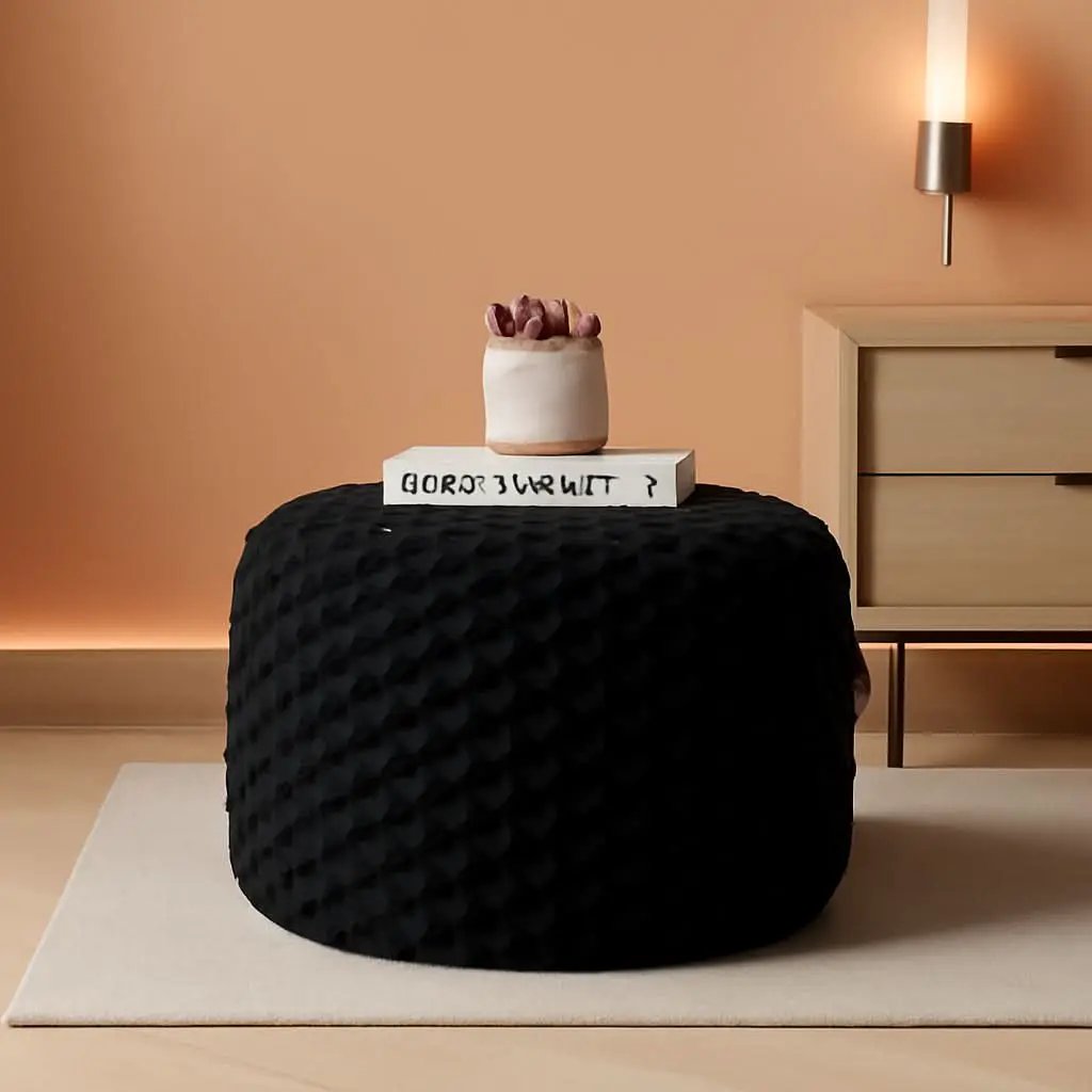 Round Plush Pouf Ottoman 20x12 Inches Black Upholstered from PriceLows™