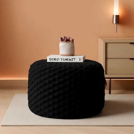 Round Plush Pouf Ottoman 20x12 Inches Black Upholstered from PriceLows™