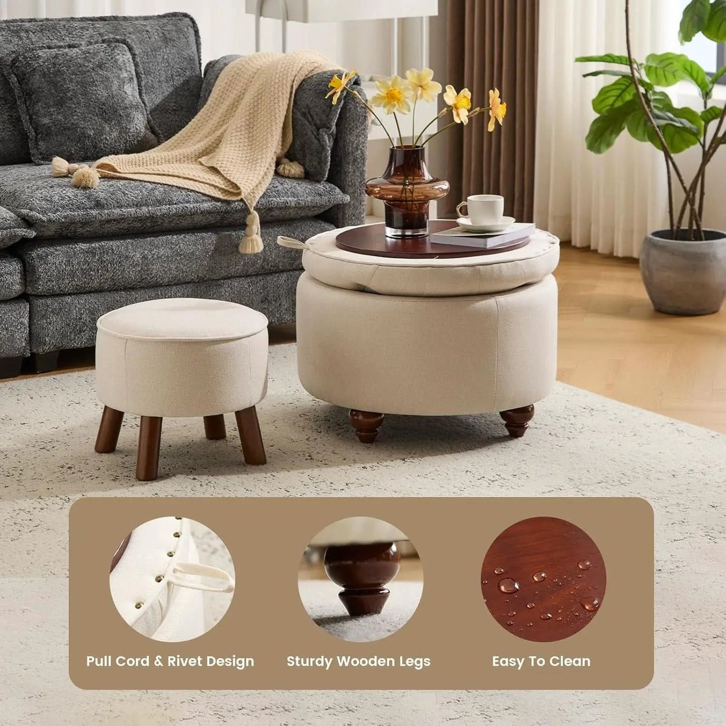 24 Inch Round Khaki Storage Ottoman Removable Top Cover from PriceLows™