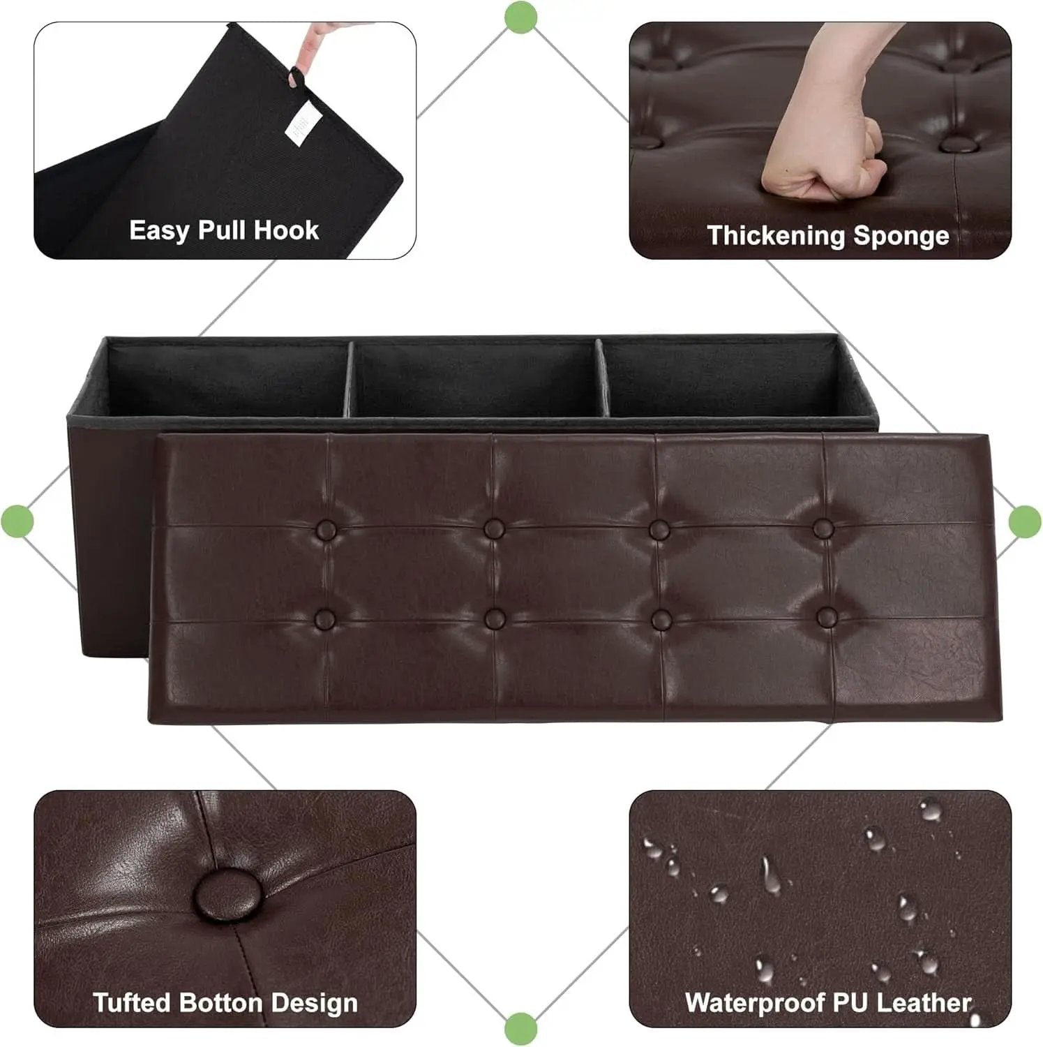 Forty Three Inches Folding Storage Ottoman Bench Brown Leather from PriceLows™