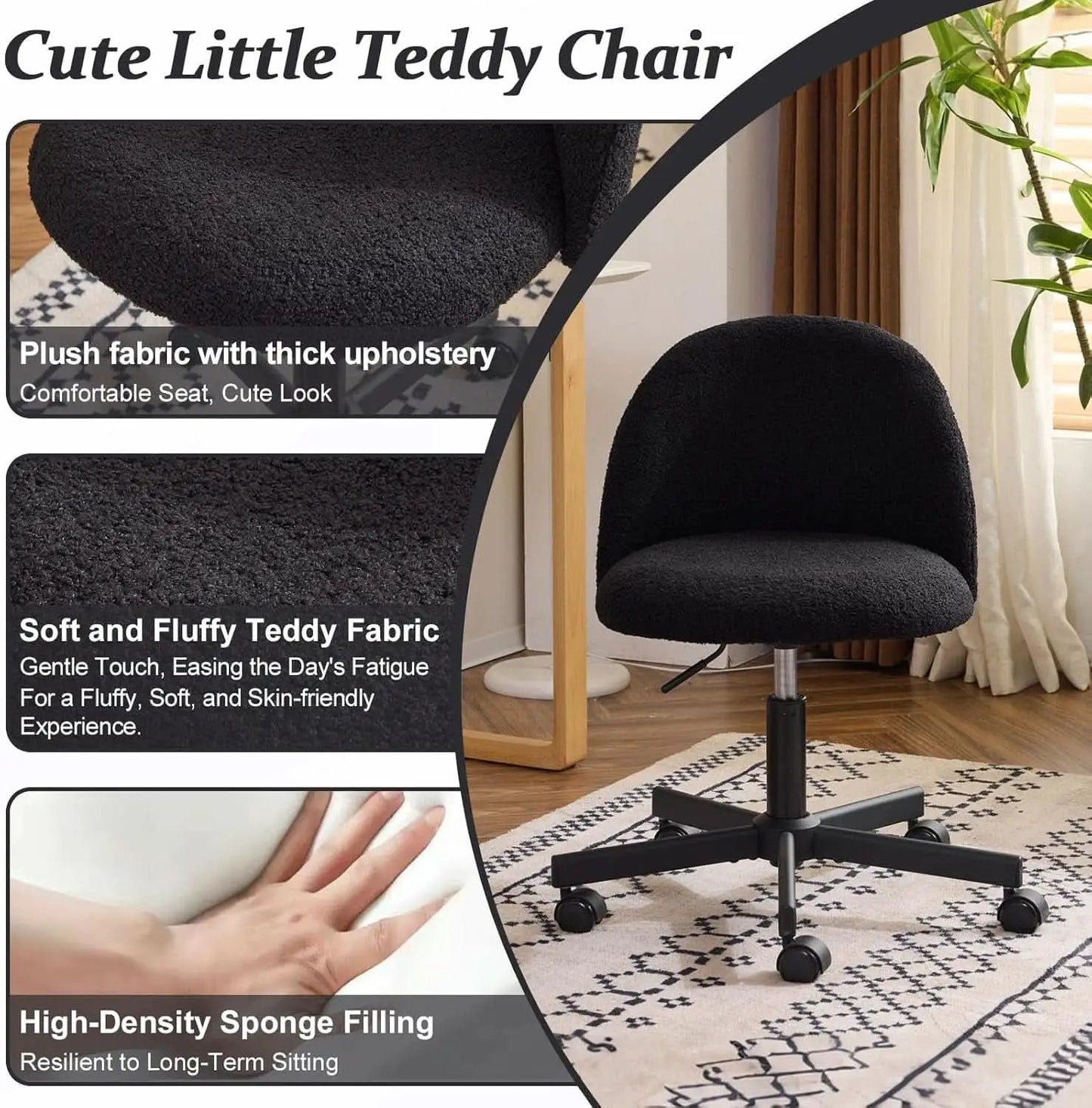 Candy Chair Jet Black Armless Desk Chair With Teddy Fleece from PriceLows™