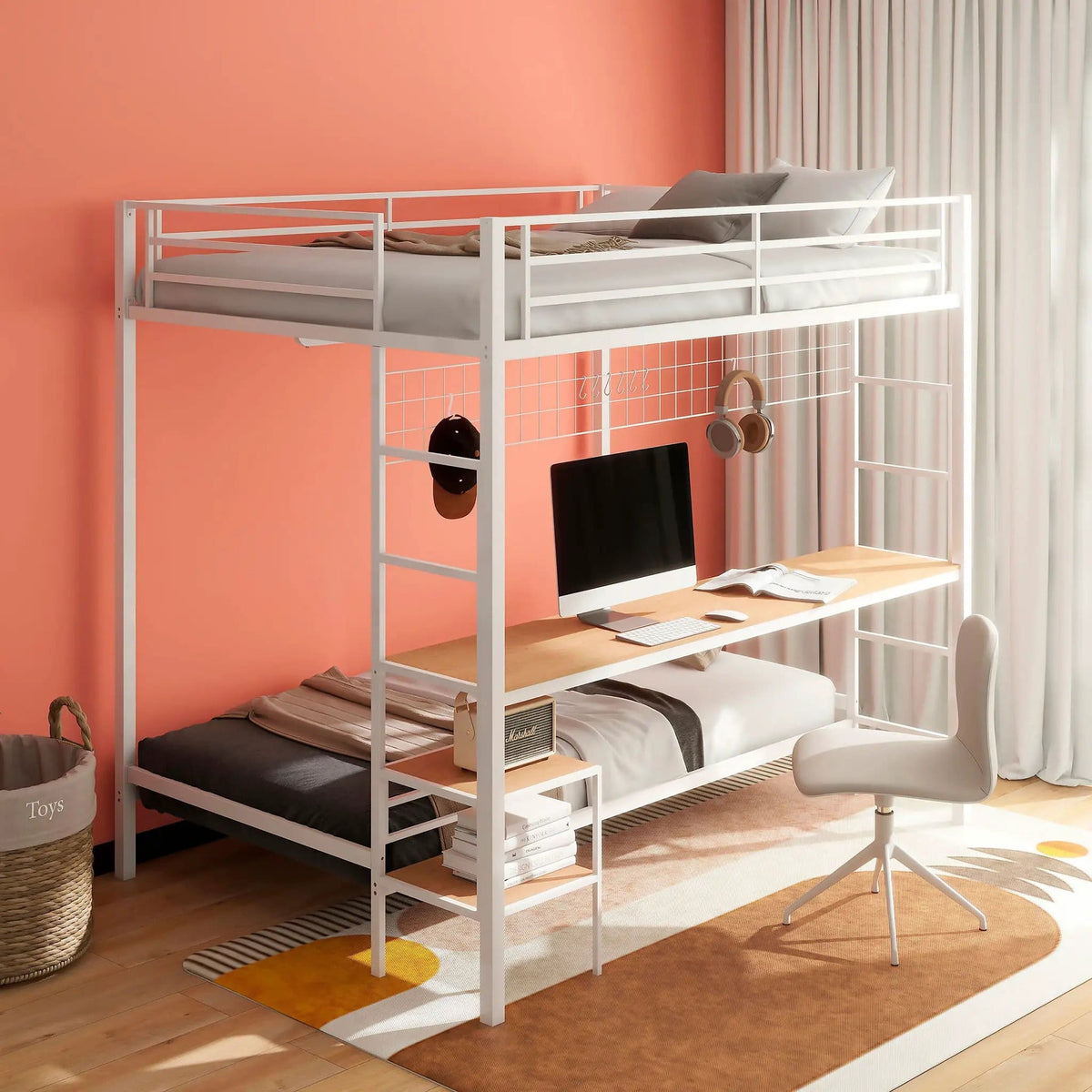 Bettoni Metal Full Over Twin Workstation Bunk Bed Matte | 77.75 x 56.25 x 72 in | Engineered Wood & Metal | White
