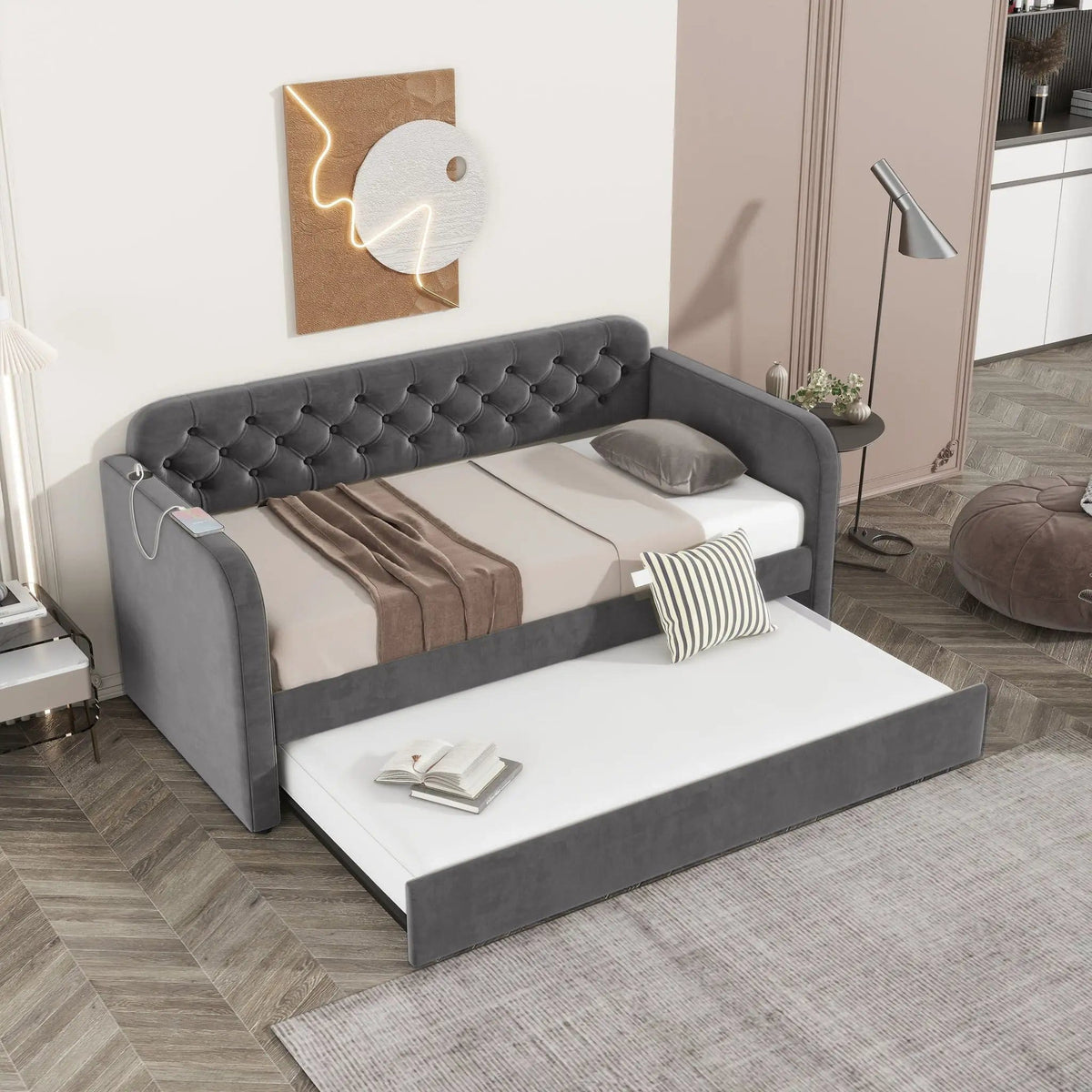 Upholstered Daybed With Trundle And USB Charging Design | 2 Pieces | Fabric | Bedroom