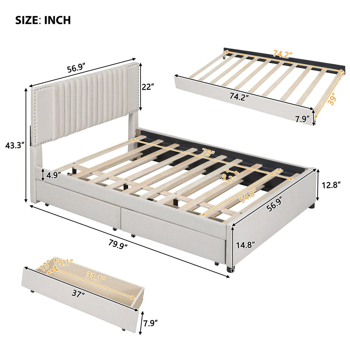 Upholstered Platform Bed | Drawers | Classic Headboard Design | Thick Foam Fill