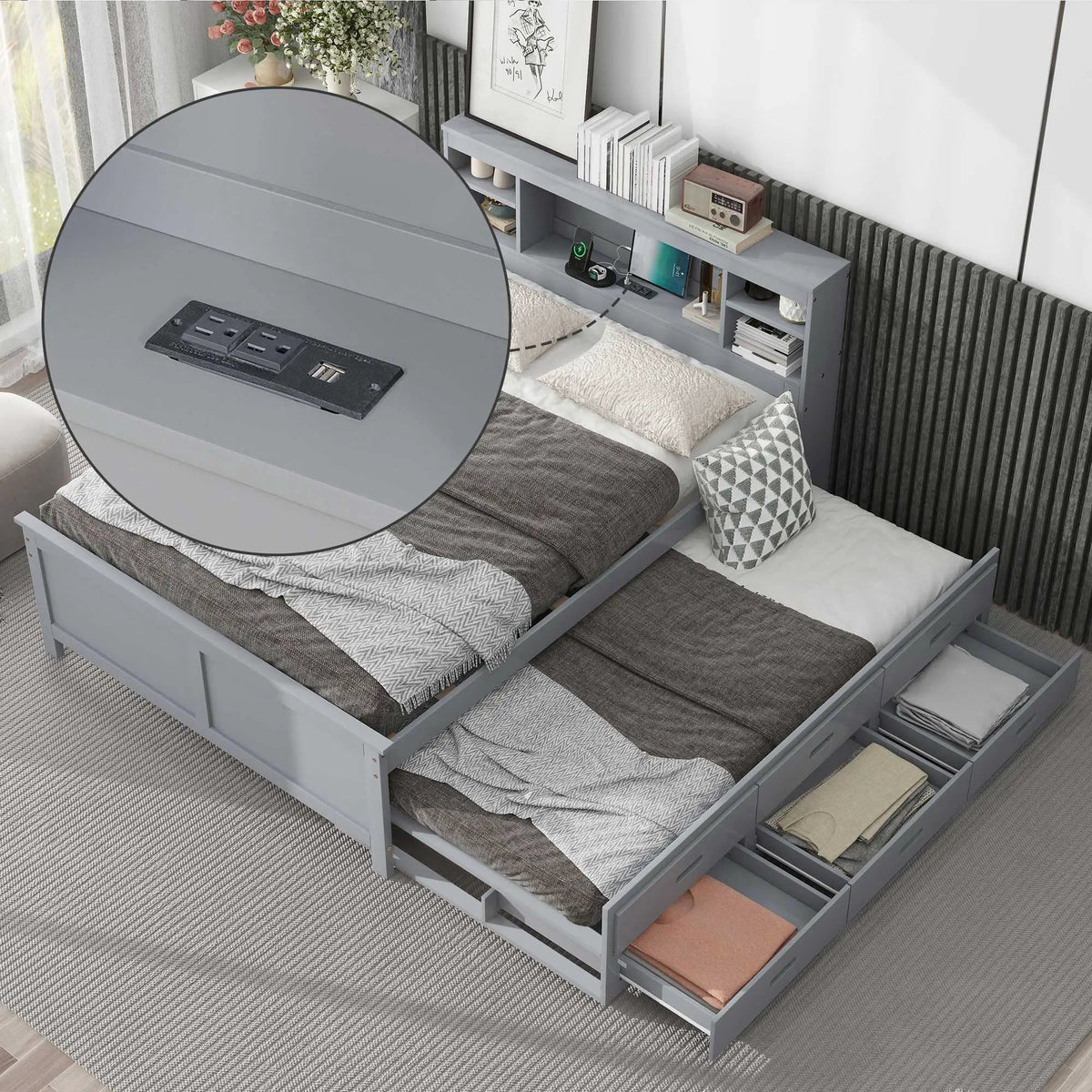 Platform Bed | Storage Headboard | USB Ports | Twin Trundle