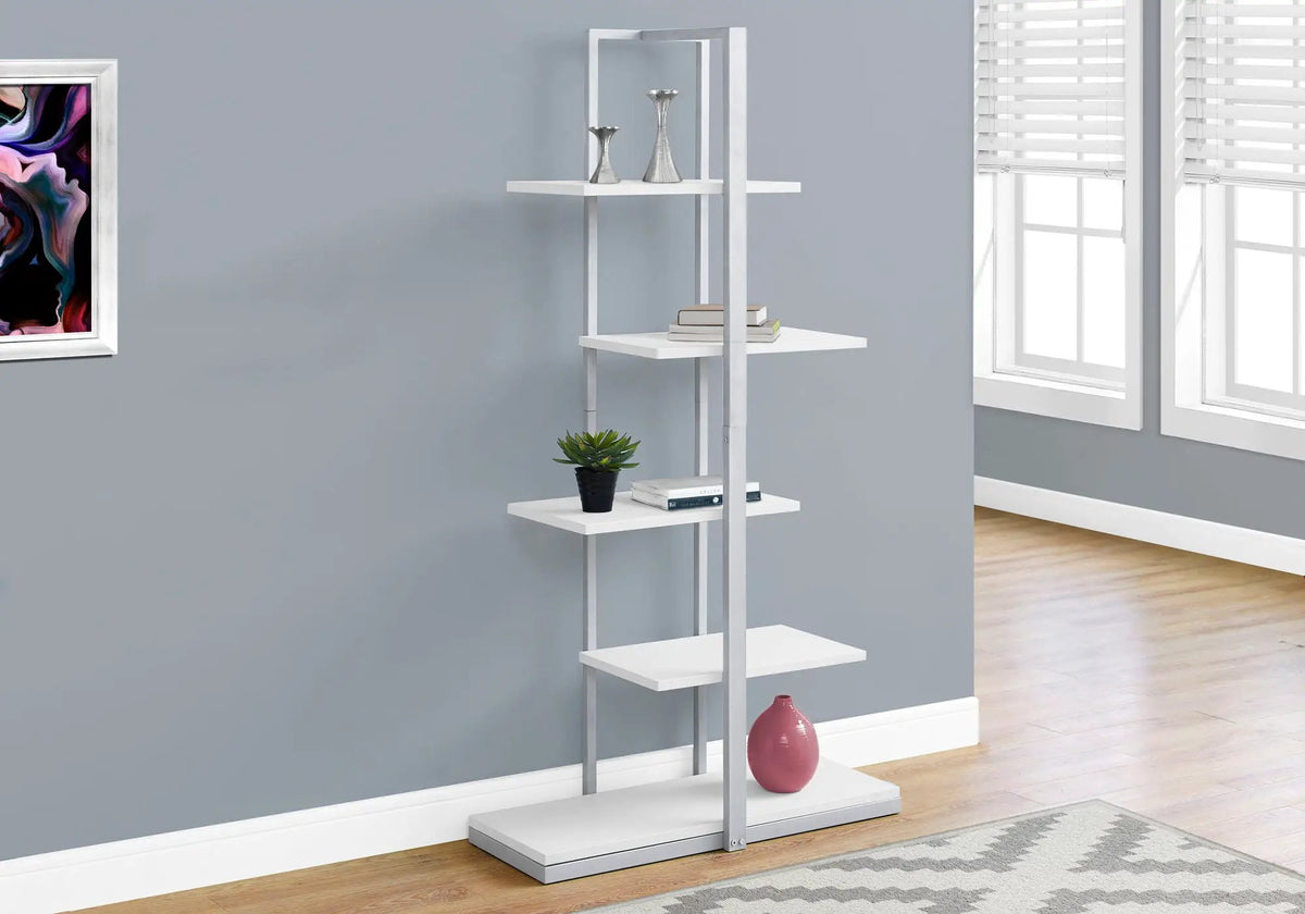 5 Tier Etagere Bookcase | Asymmetrical Zig-Zag Design | Solid Metal Base | Modern Industrial