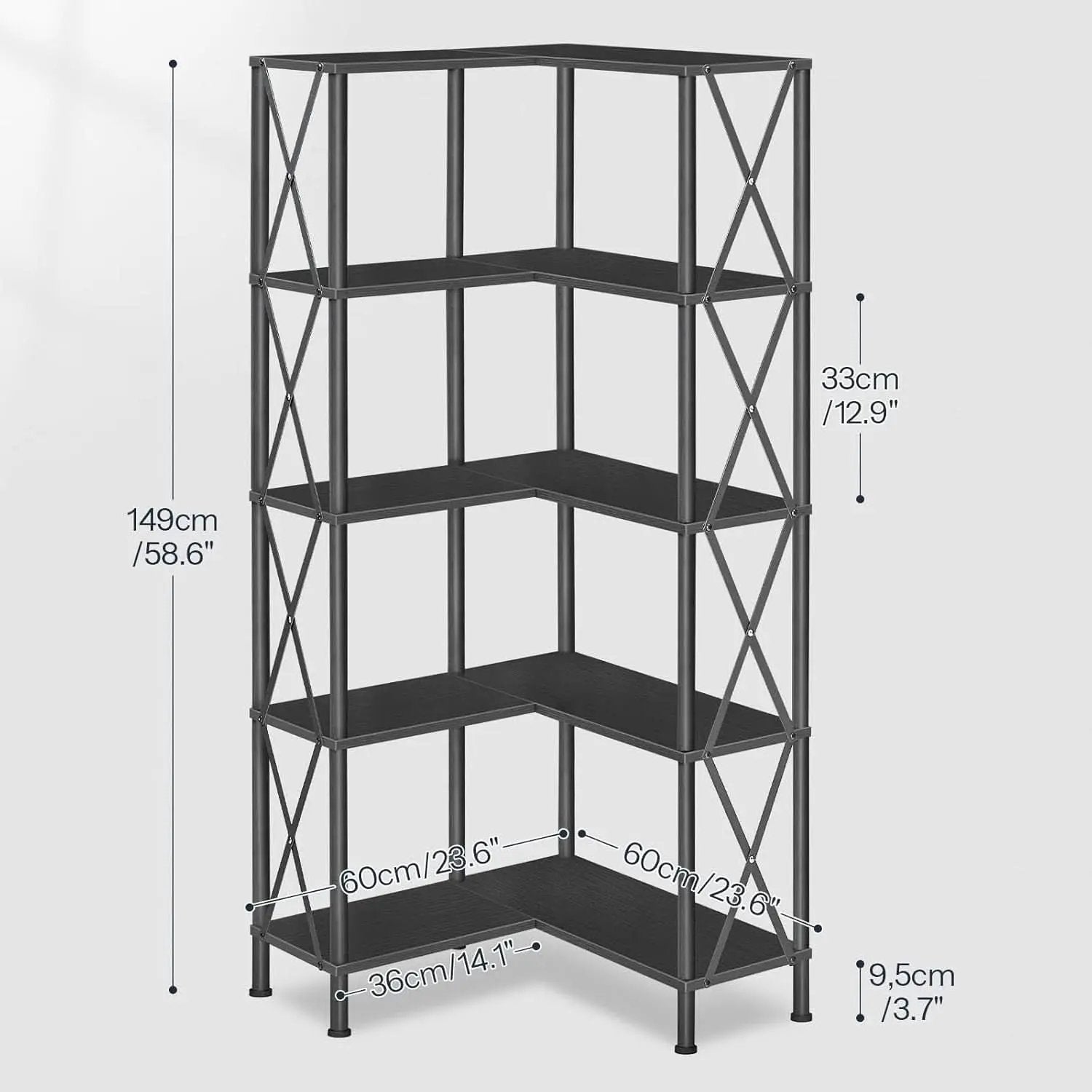 Corner Bookshelf 5 Tier L Shaped Industrial Open Display Shelf Black from PriceLows™