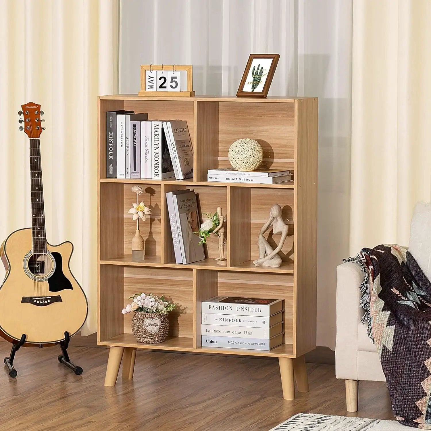 Wooden 7 Cube Bookshelf Natural Finish 3 Tier Freestanding from PriceLows™
