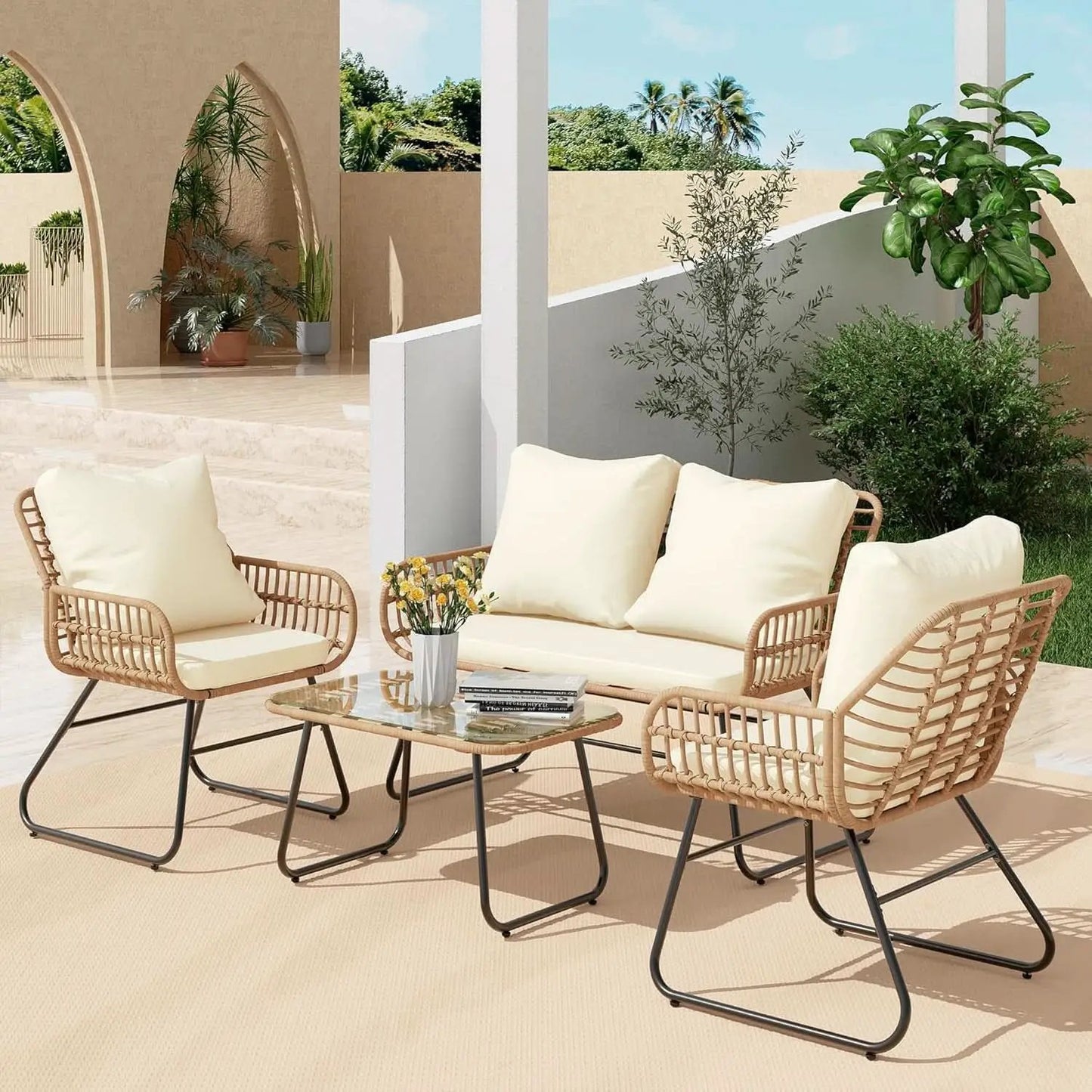 Stylish Four-Piece Outdoor Rattan Furniture Set with Cushions from PriceLows™