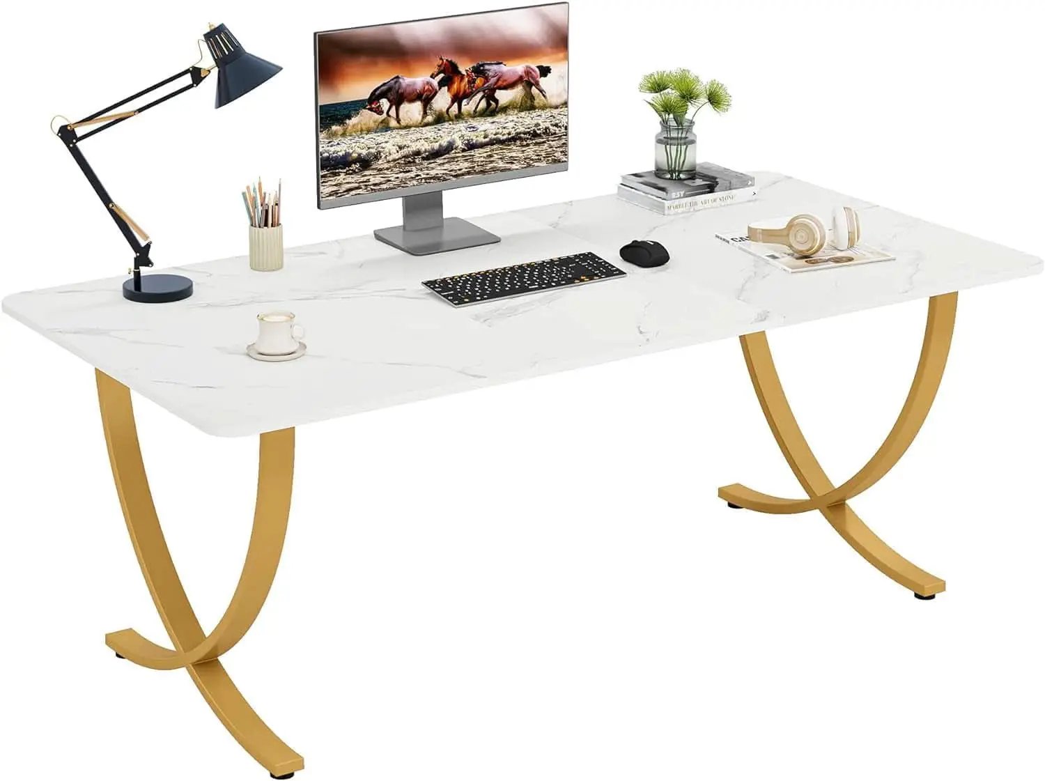 Executive Desk 63W X 31.5D White And Gold Computer Desk from PriceLows™