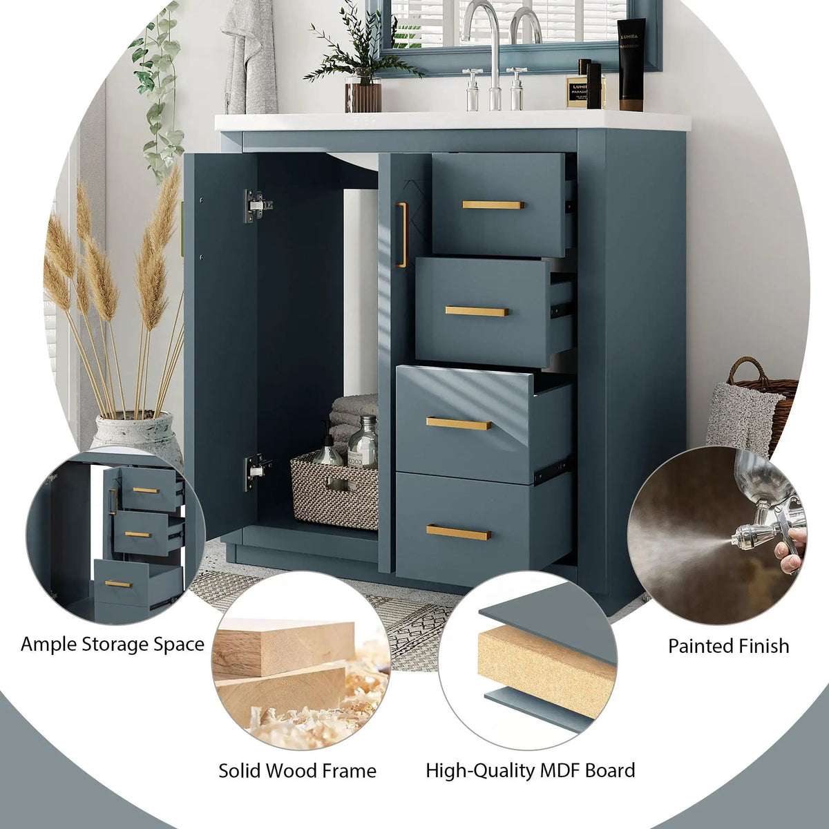 30 Inch Bathroom Vanity | Freestanding Set | 3 Drawers | Solid Wood Frame