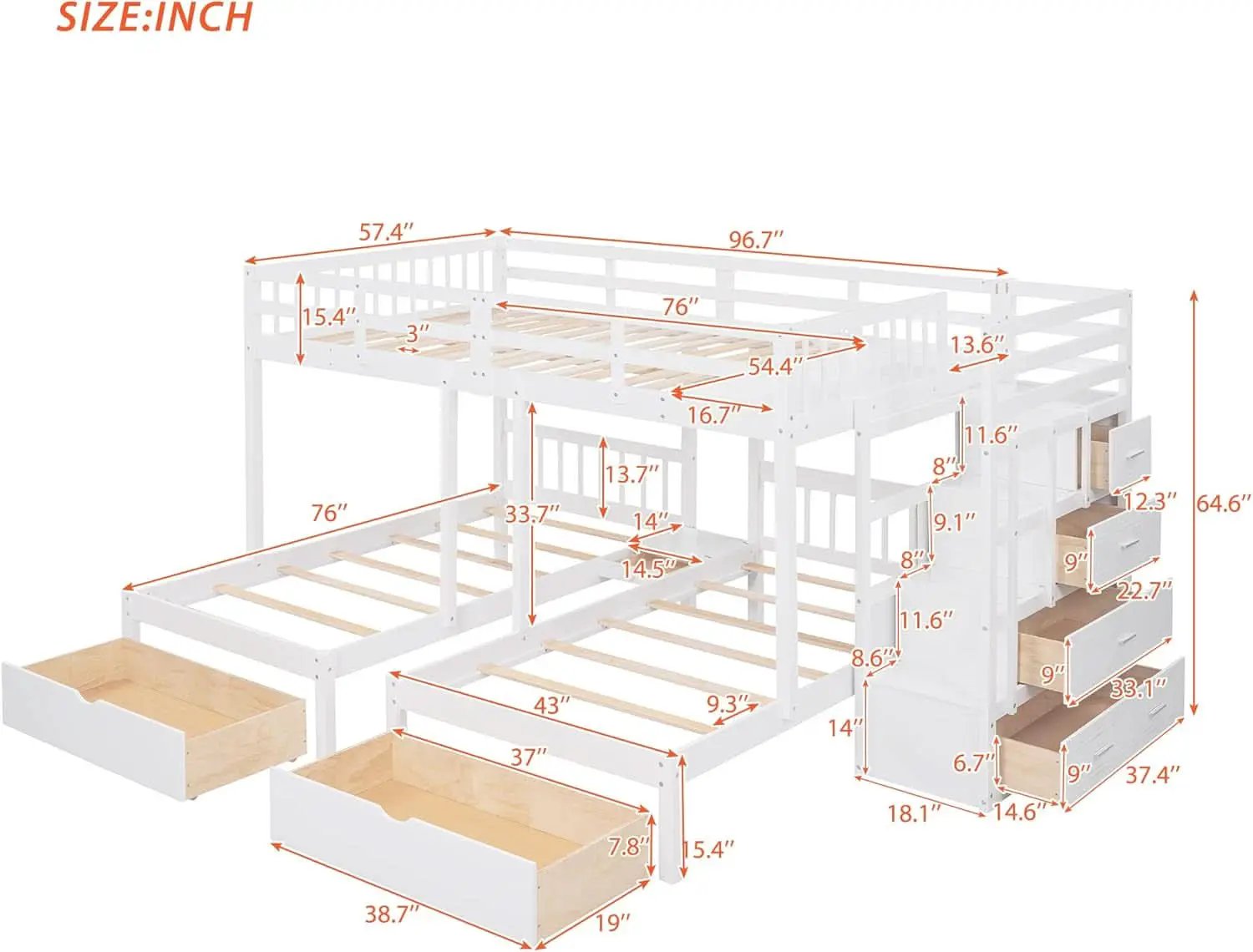 White Triple Bunk Bed With Storage Staircase Full Over Twin And Twin Bunk Bed from PriceLows™