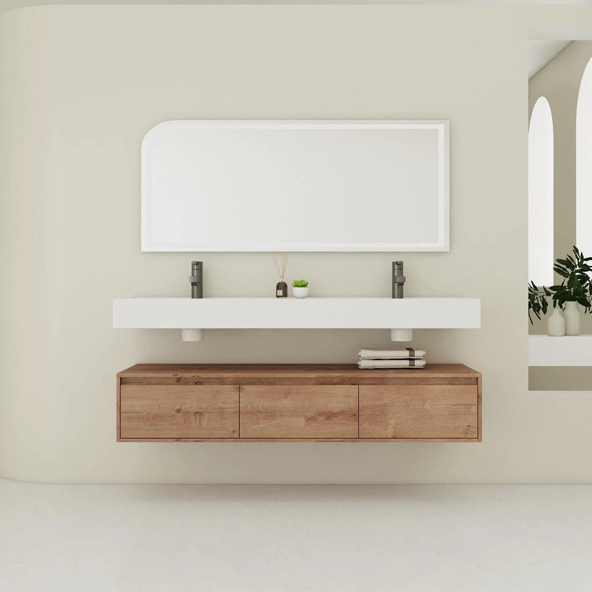 Contemporary Wall Mounted Bathroom Vanity With Dual Resin Sink And Soft Close Drawer | 2 Pieces | Plywood & Resin | Bathroom