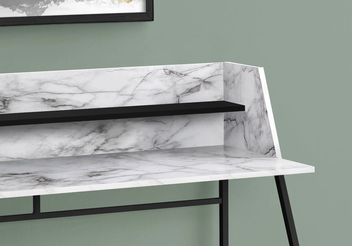 Marble Look Computer Desk | 47.25 Inch Width | Storage Shelves | Trapezoid Metal Base