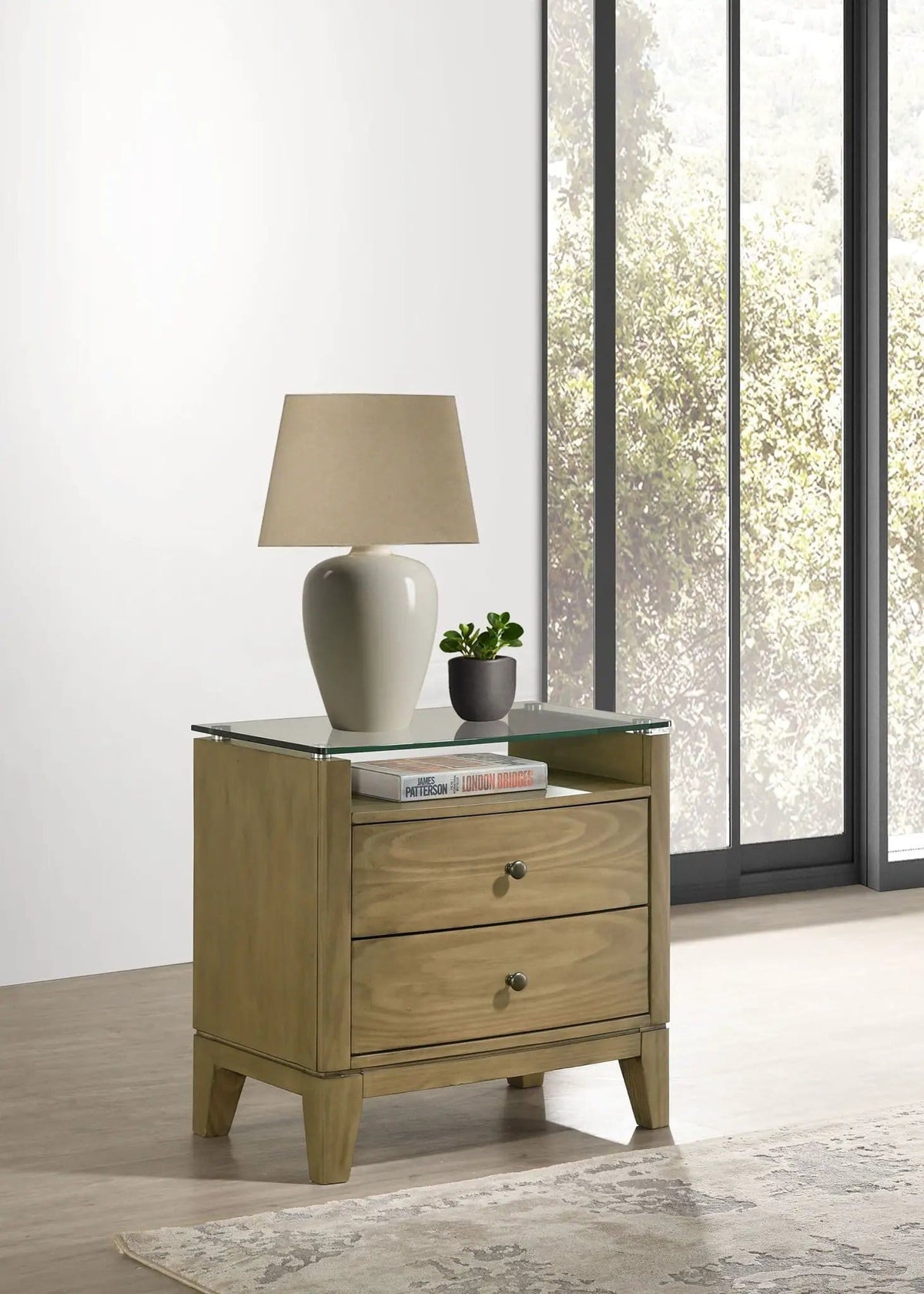 Granada 2-drawer Glass Top Nightstand Natural Pine | 25.5 x 16 x 25.5 in | Tempered Glass | Bedroom