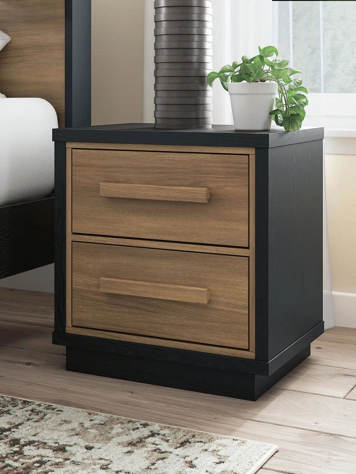 Kozmour Two Drawer Night Stand Accent Nightstand | 22.13 x 15.63 x 23.94 in | Engineered Wood & Mdf | Black / Brown