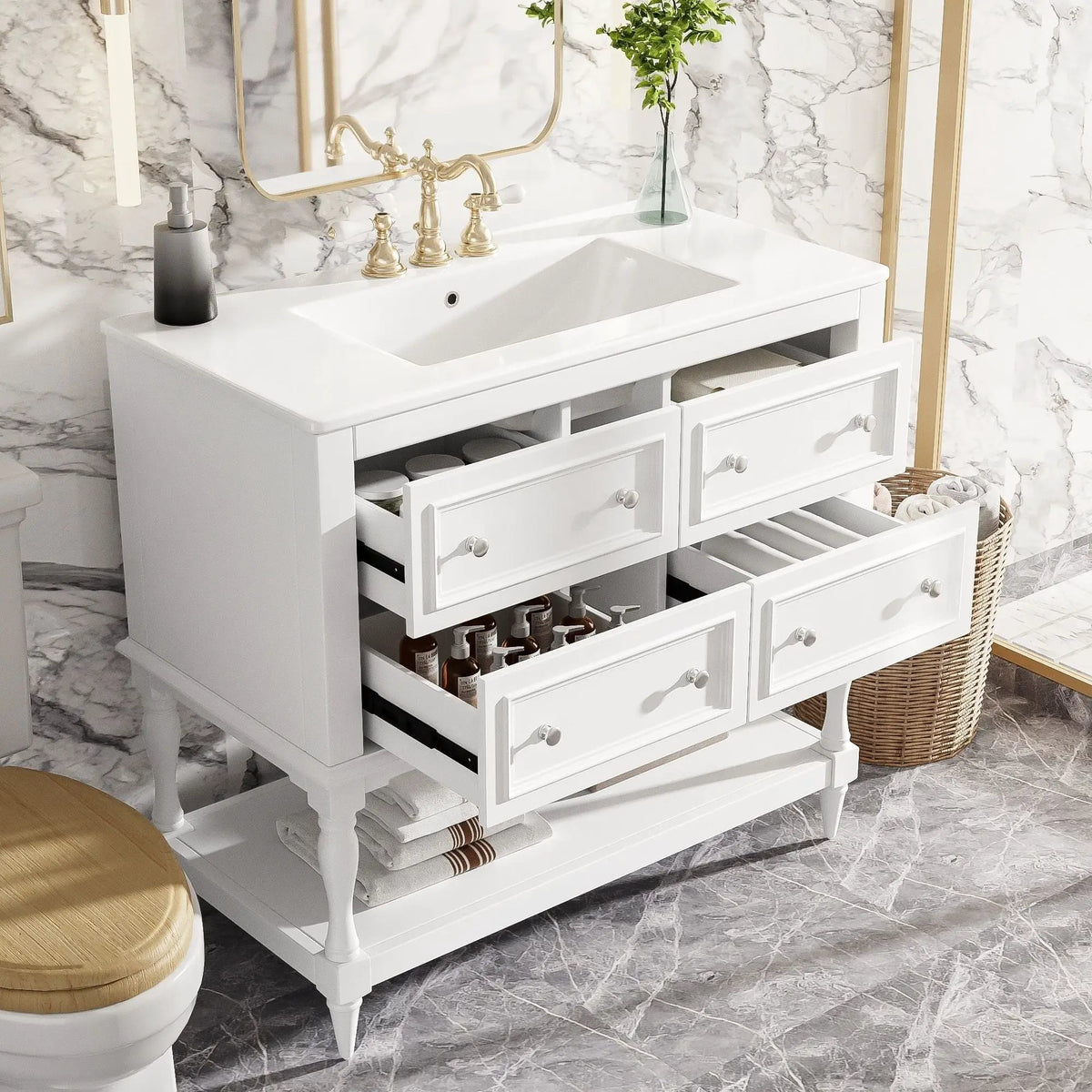 36 Inch Bathroom Vanity With Undermount Sink | 4 Extension Drawers | Solid Wood Frame | Ceramic Sink
