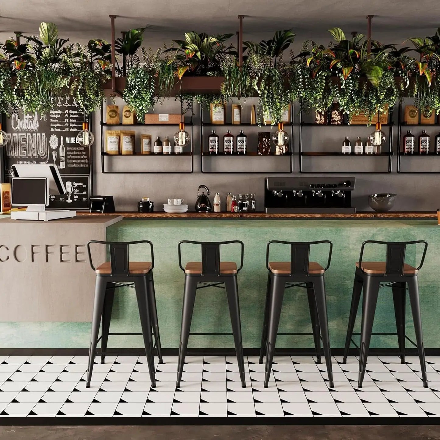 30 Inch Low Back Metal Barstools With Wooden Seat from PriceLows™