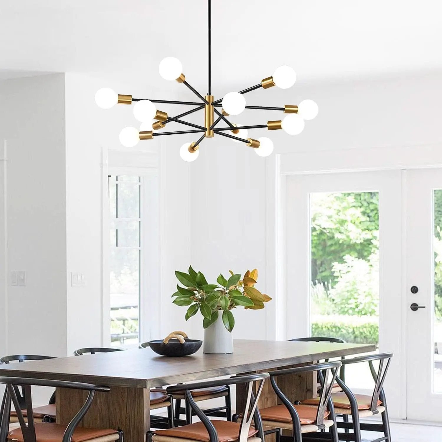 33 Inch Modern Black Gold Chandelier 12 Light Adjustable from PriceLows™