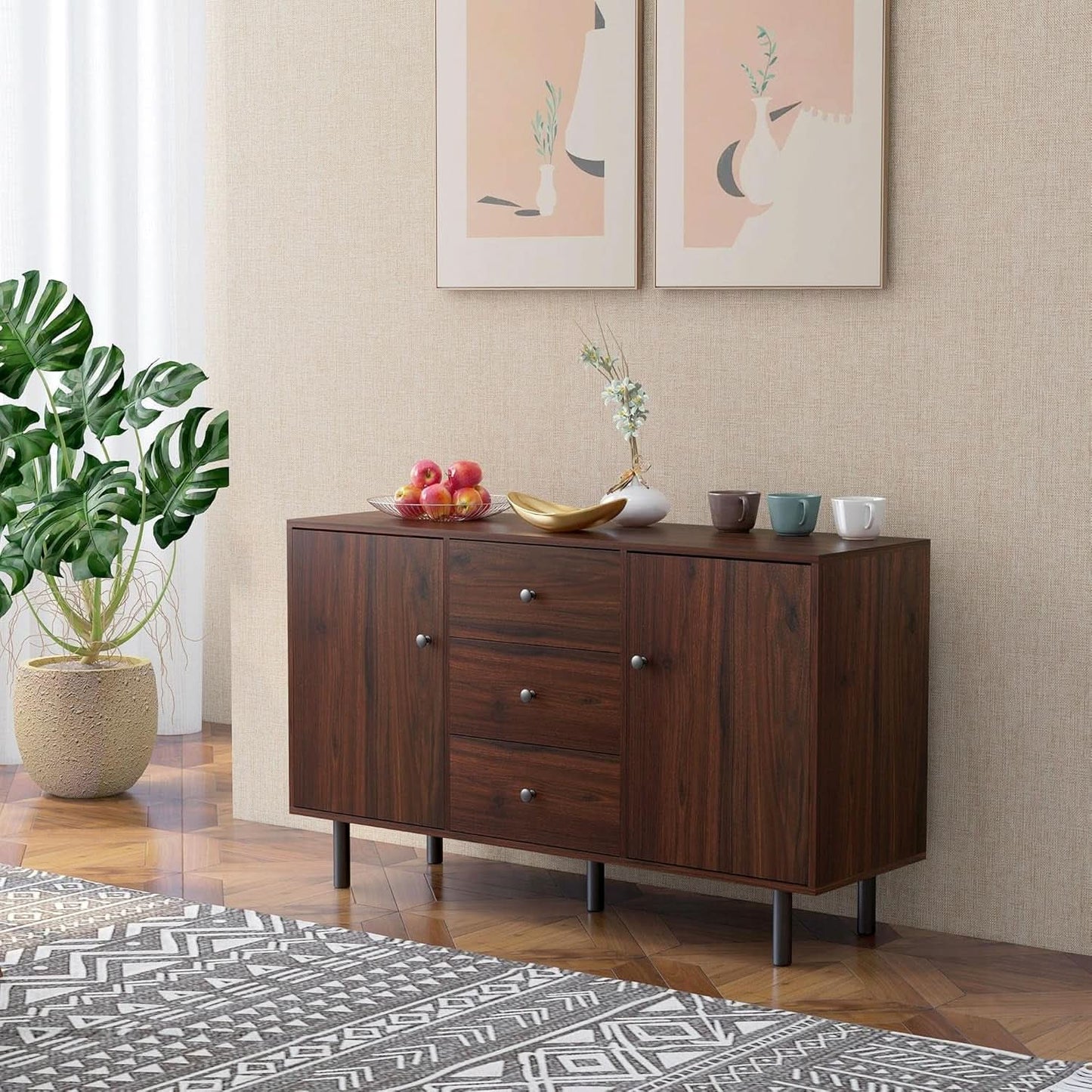 Rustic Brown Sideboard Buffet Cabinet With Three Drawers from PriceLows™