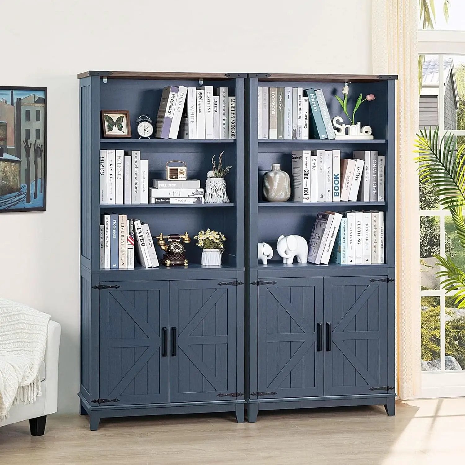 Blue 70 Inch Tall Farmhouse Bookcase Adjustable Shelves from PriceLows™