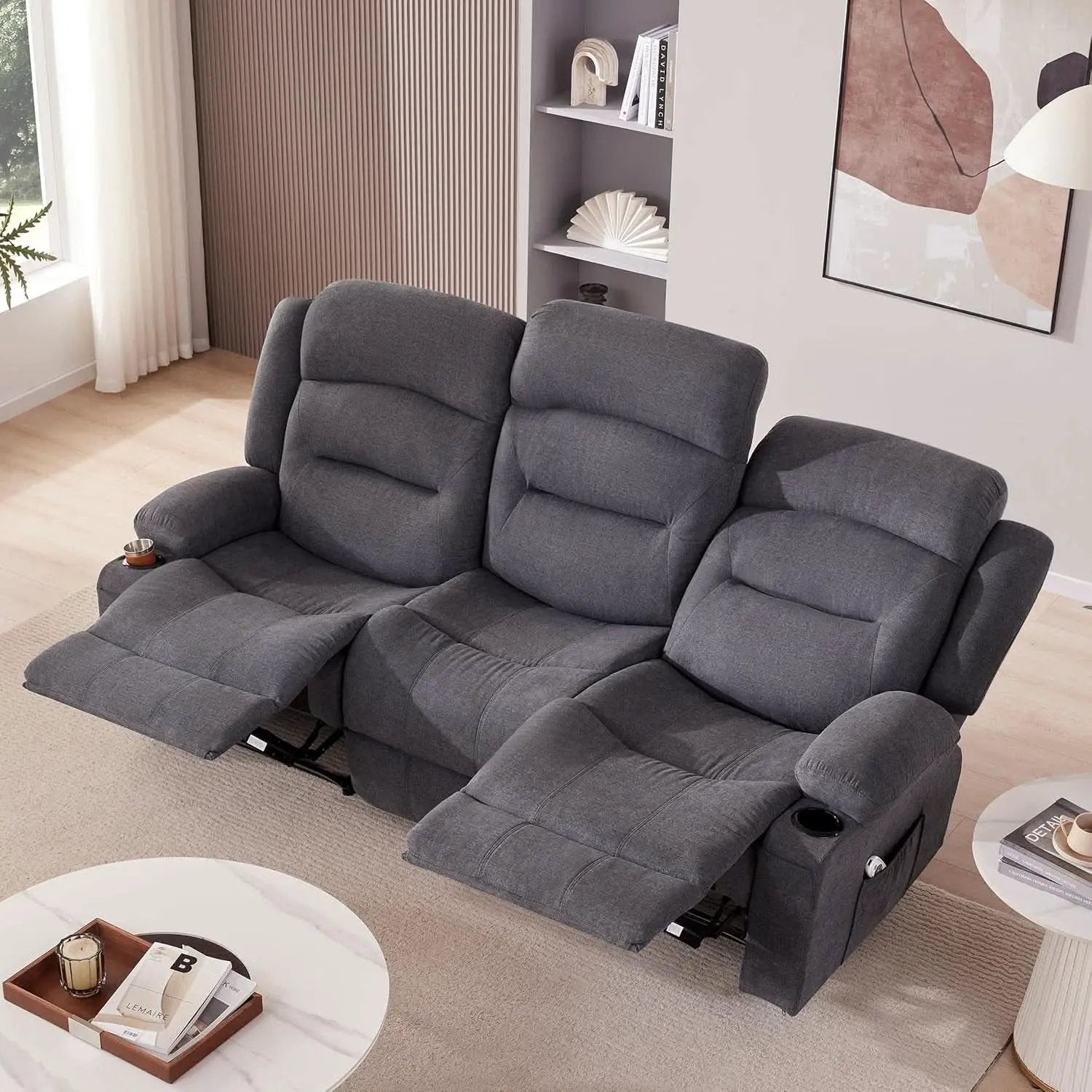 Oversized Charcoal Grey Recliner Sofa With USB Port And Heated Massage from PriceLows™