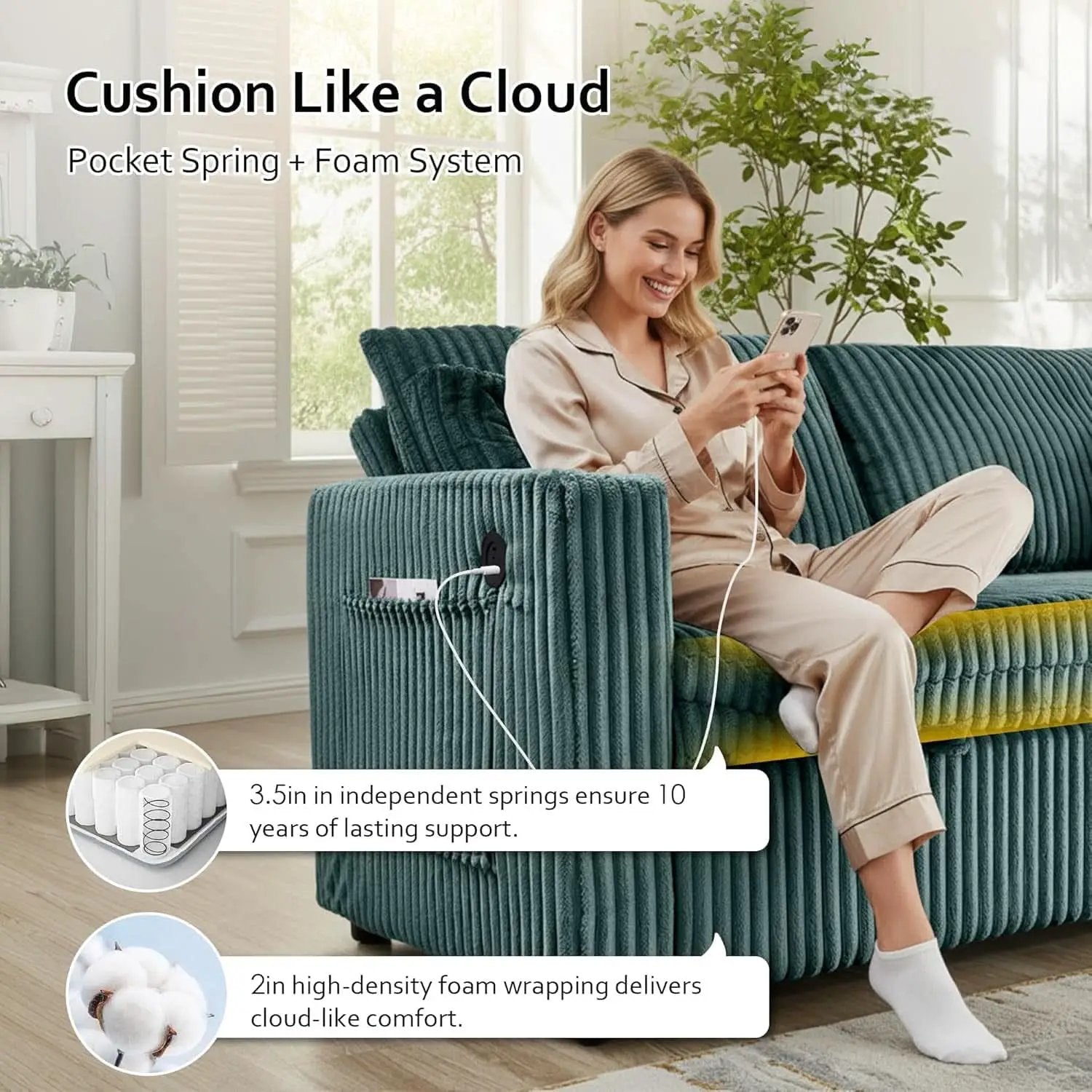 65Inch Sleeper Sofa Bed CorduroyFabric Emerald Green from PriceLows™