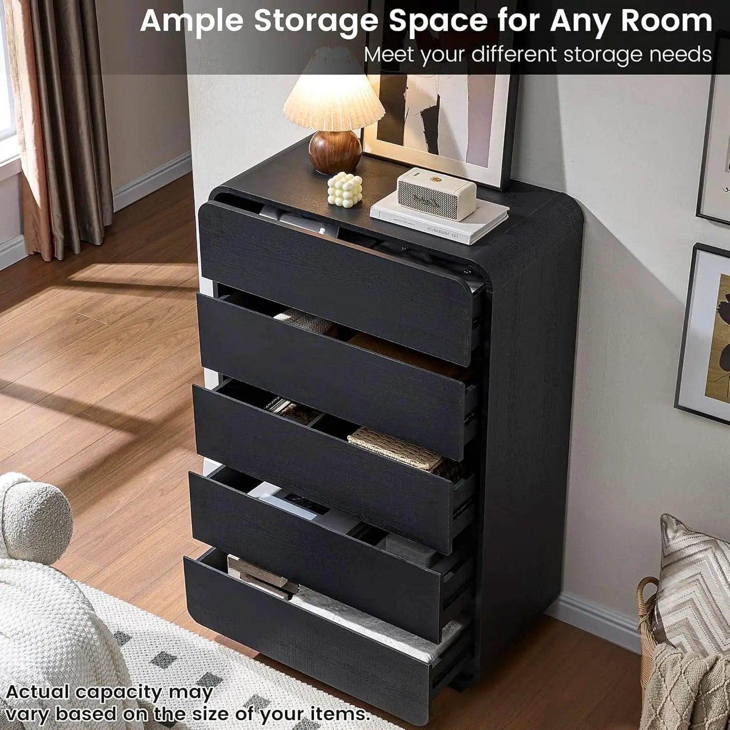 Black Hardwood Dresser With Curved Front Storage Panel from PriceLows™