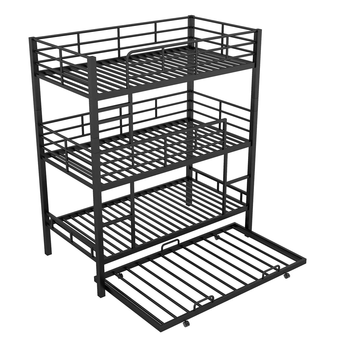 Triple Bunk Bed | Heavy Duty Steel | Built In Trundle | Full Guardrails
