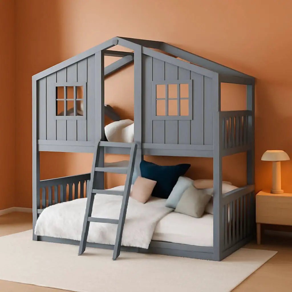 Gray Twin Over Twin House Bunk Bed With Roof For Kids from PriceLows™