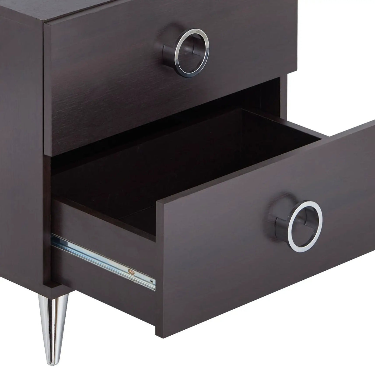 Elms Accent Table Nightstand | Espresso Finish | Two Storage Drawers | Silver Ring Handles