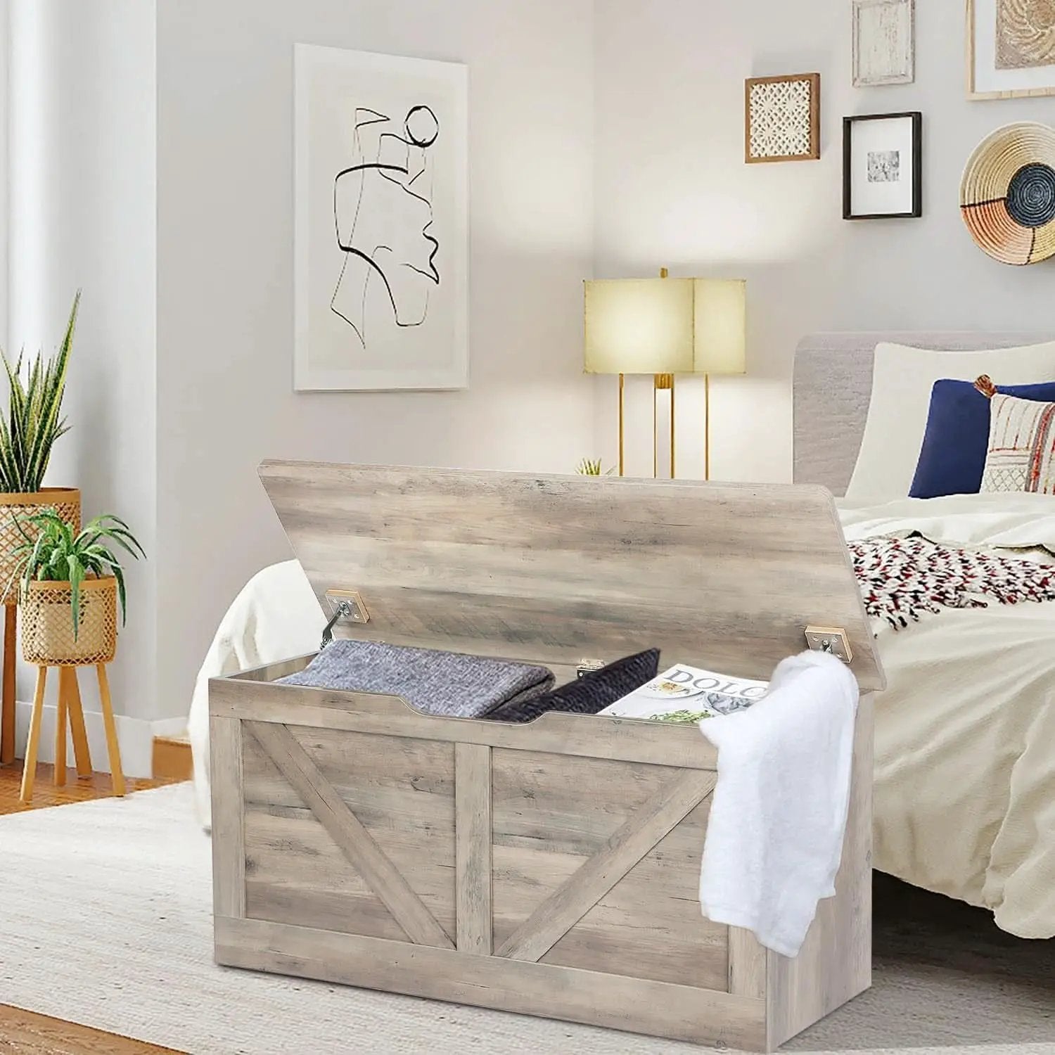 Grey Wooden Entryway Storage Bench Chest With Safety Hinges 39.4 Inch from PriceLows™