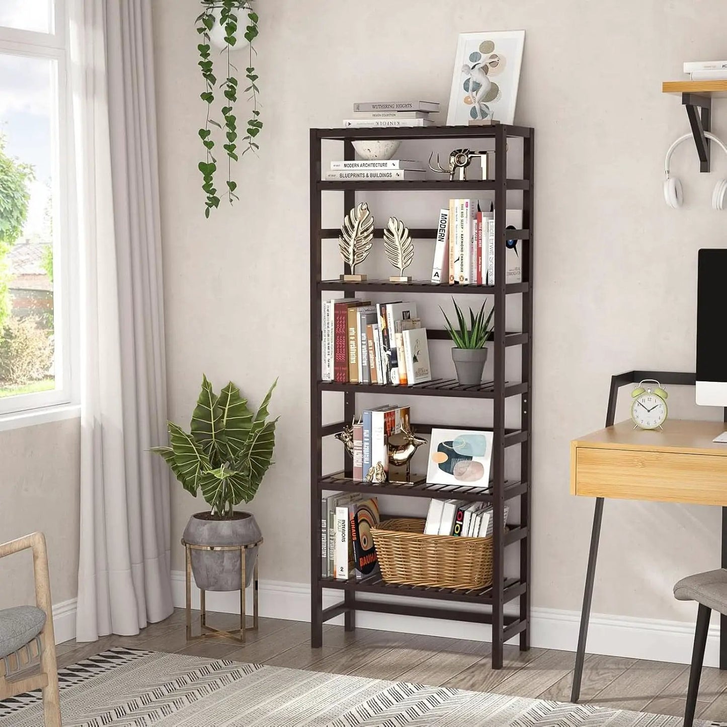 6-Tier Bamboo Bookcase Espresso 63.4 Inch Tall Freestanding Shelf from PriceLows™