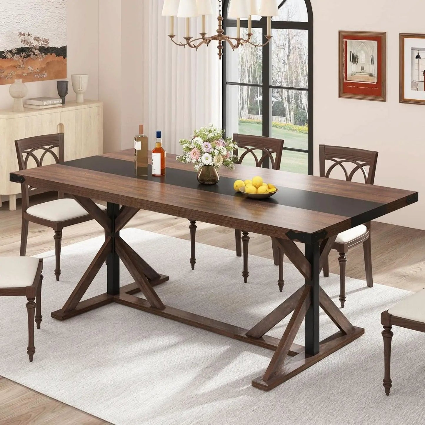 71 Inch Farmhouse Dining Table Waterproof Wood Grain Top from PriceLows™