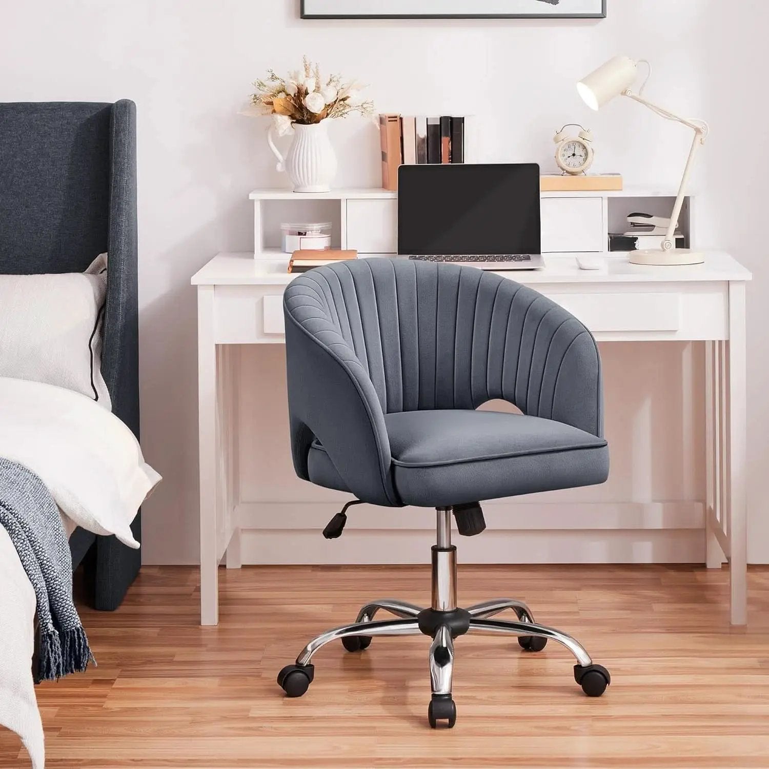 Dark Gray Velvet Swivel Office Chair Tufted Barrel Back from PriceLows™